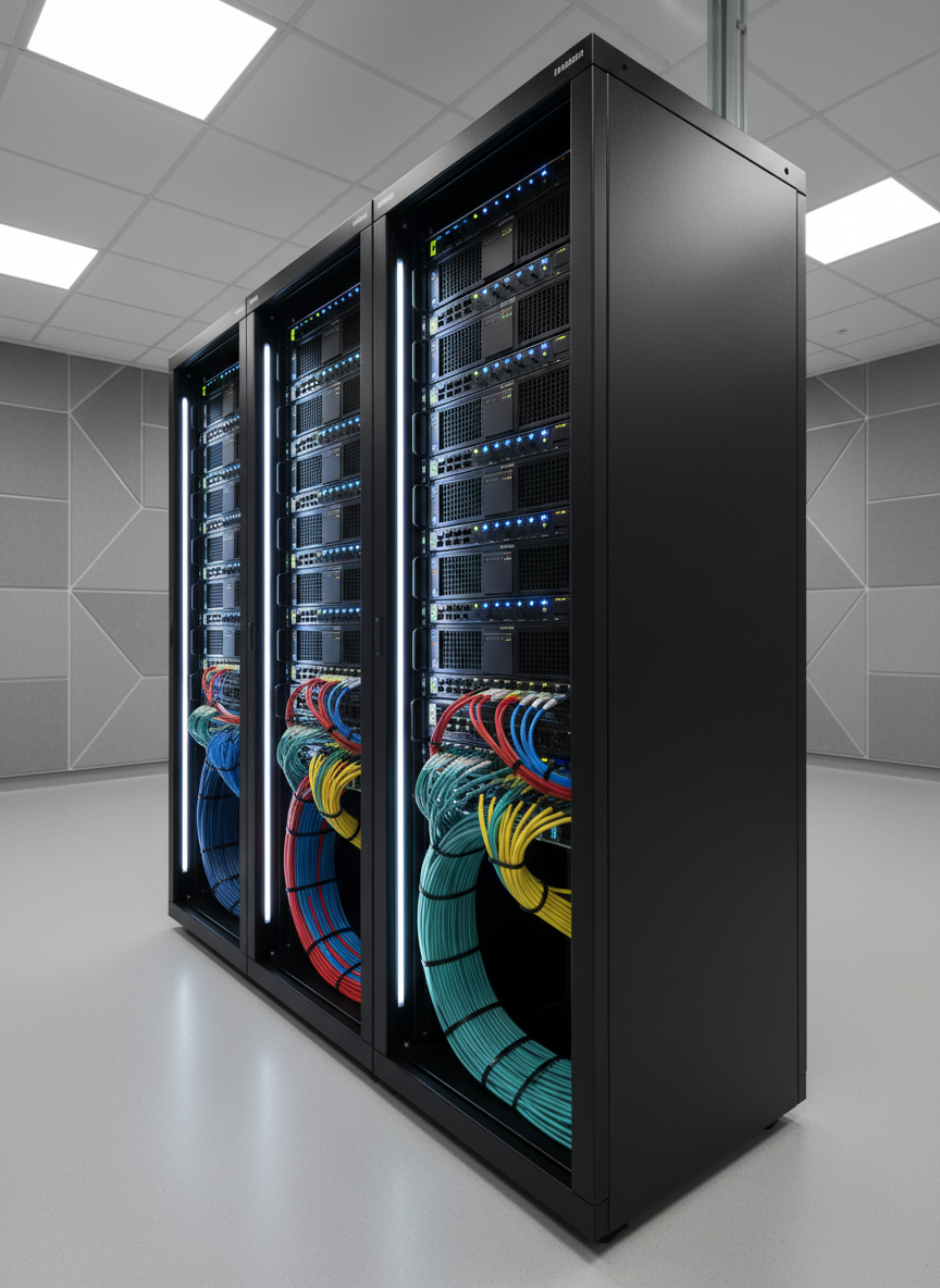 A close-up of an industrial server rack dedicated to factory software systems, filled with neatly arranged black rack-mounted units, blue and green indicator LEDs, and impeccably bundled colored Ethernet and fiber cables. The rack stands in a quiet, climate-controlled room with acoustic wall panels and a smooth, light gray epoxy floor. Cool, focused LED strip lighting inside the rack creates subtle glows on metal edges and cable sheathing, while softer ambient ceiling light keeps the room evenly illuminated. The composition uses a three-quarter angle with a medium depth of field, emphasizing order, robustness, and reliability. Photographic realism with a clean, modern aesthetic, evoking trust in mission-critical industrial software infrastructure.