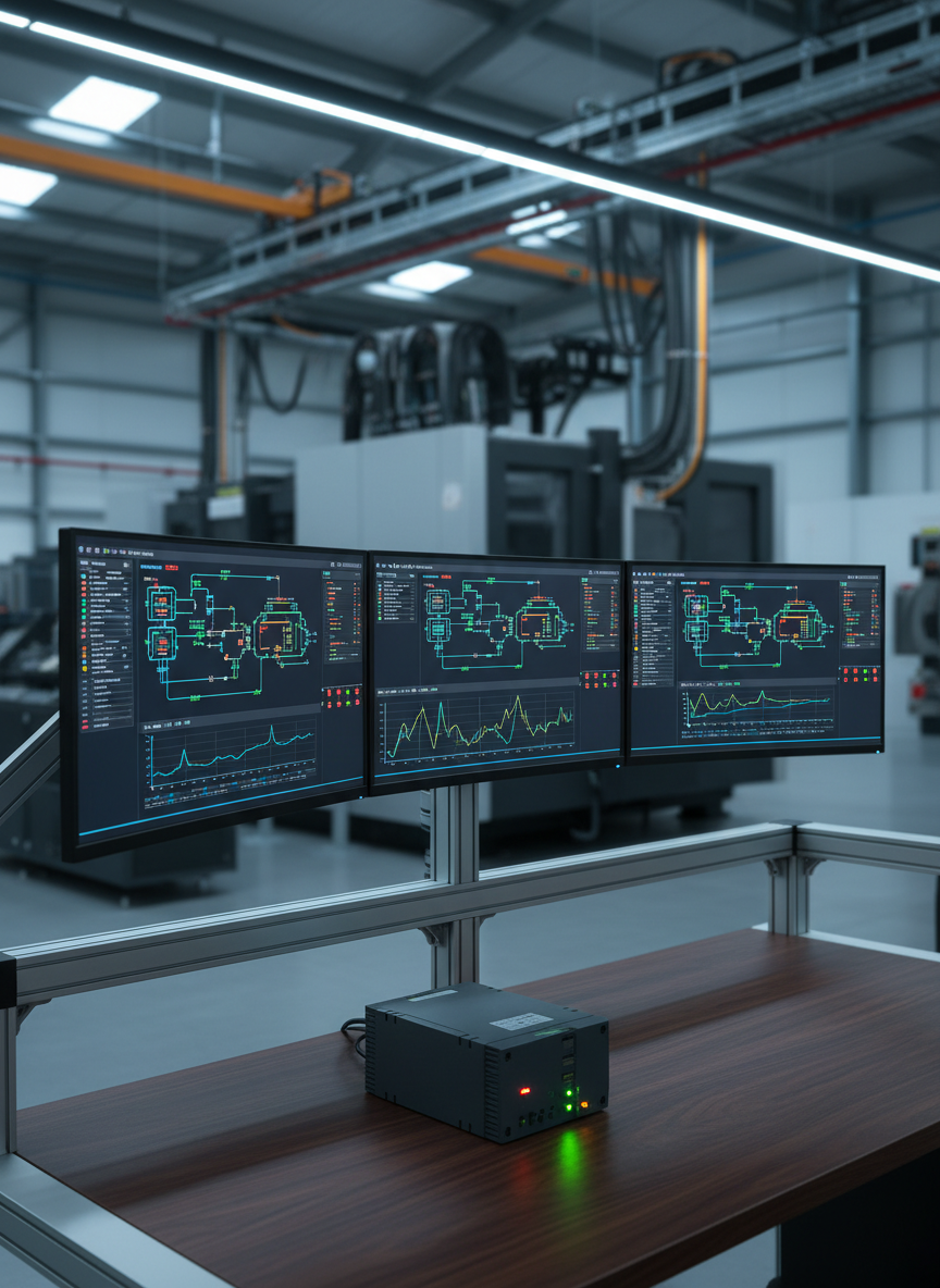 A sleek industrial control room workstation featuring three ultra-wide matte black monitors displaying detailed SCADA dashboards with vibrant process diagrams, real-time graphs, and alert panels. The screens are mounted on a brushed aluminum rail above a clean, dark walnut desk holding a compact industrial-grade PLC unit with status LEDs glowing green and amber. In the background, a blurred hint of factory machinery and cable trays suggests a modern production hall. Cool, diffused overhead LED lighting reflects softly off metal surfaces, creating a professional, focused atmosphere. Photographic realism at eye level, with a shallow depth of field that keeps the screens razor sharp while gently softening the technical environment around them, conveying precision, reliability, and high-end industrial software expertise.