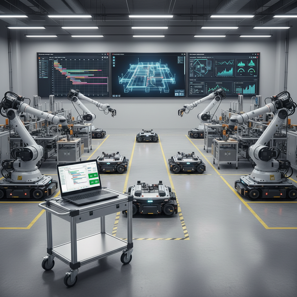 A modern industrial factory floor viewed from an elevated angle, with autonomous guided vehicles and robotic arms coordinated on large wall-mounted screens showing scheduling software, digital twins, and production analytics. The polished concrete floor reflects subtle glints from overhead strip LEDs, while yellow safety lines and modular workstations create clean visual structure. In the foreground, a ruggedized laptop on a stainless-steel mobile cart displays a detailed Gantt chart and live OEE metrics. The lighting is bright yet neutral, emphasizing clarity and order. Photographic realism with crisp focus across the scene, giving a sense of orchestrated movement and software-driven efficiency in a high-tech, fully digitized industrial environment.